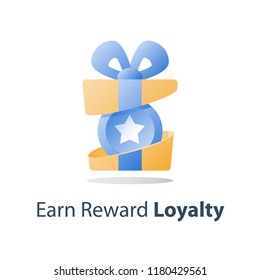 Yellow Reward Gift, Open Present Box, Loyalty Program, Earn Points, Collect Bonus, Redeem Special Prize, Wonder Box, Vector Icon, Flat Illustration