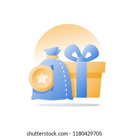 Yellow Reward Gift, Present Box, Loyalty Program, Earn Points, Collect Bonus, Redeem Special Prize, Vector Icon, Flat Illustration