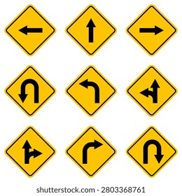 yellow rhombus traffic sign with different direction arrows, move forward, left and right turn, one way