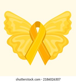 Yellow ribbon with angel wings. Childhood Cancer Awareness Ribbon