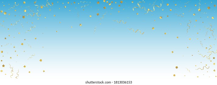 Yellow Ribbon Anniversary Panoramic with Vector Blue Background. Flying Serpentine Poster. Confetti Swirl Design. Gold Christmas Plant.