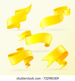 Yellow ribbon banners. Set of tapes. Paper scrolls. Pattern design. Decorative elements. Vector illustration.