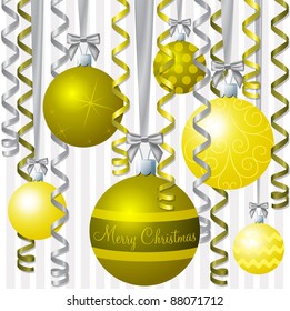 Yellow ribbon and bauble inspired Christmas card in vector format.
