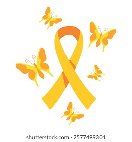 A yellow ribbon with butterfly decorations promoting childhood cancer awareness