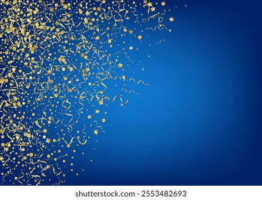 Yellow Ribbon Carnival Vector Blue Background. Festive Serpentine Design. Streamer Happy Template. Golden Celebrate Branch.