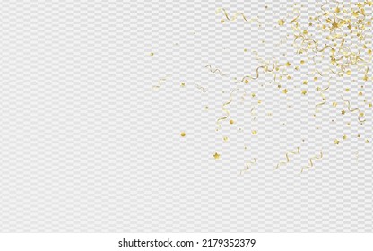 Yellow Ribbon Carnival Vector Transparent Background. Swirl Serpentine Invitation. Star Party Design. Golden Paper Poster.
