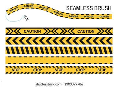 Yellow ribbon caution police tapes seamless brush stop vector danger area or crime scene fencing digital drawing tool art web design restriction stay away warning enclosure striped line precaution.