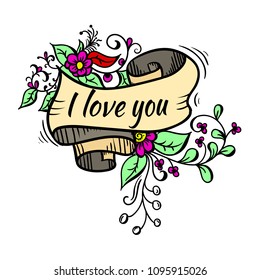 yellow ribbon with flowers leaves flowers, lettering decoration, postcard banner. vector illustration, black outline.