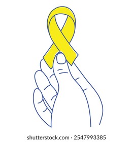 Yellow ribbon in a hand. Line art.