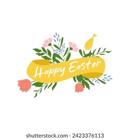 Yellow ribbon Happy Easter with flower arrangement. Hand drawn vector vivid design.