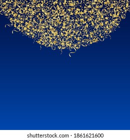 Yellow Ribbon Happy Vector Blue Background. Celebration Star Branch. Serpentine Shiny Poster. Golden Christmas Illustration.