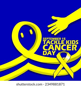 Yellow ribbon with Illustration of a child receiving a helping hand and bold text on dark blue background to commemorate National Tackle Kids Cancer Day on September 15