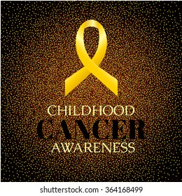 Yellow ribbon on abstract gold glitter dotted background. Childhood Cancer Day awareness symbol. Isolated vector illustration.