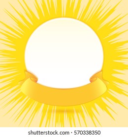 Yellow ribbon on Rays background. Design for app, interface, playing card, ui, game, banner. Appraisement. Cartoon Vector illustration