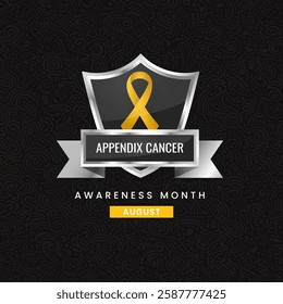 A yellow ribbon, the symbol of International Appendix Cancer Awareness Month, displayed on a silver shield with a floral background.