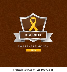 Yellow ribbon, the symbol of International Bone Cancer Awareness Month, displayed on a silver shield with a floral background.