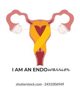 yellow ribbon in uterus for endometriosis awareness in flat illustration