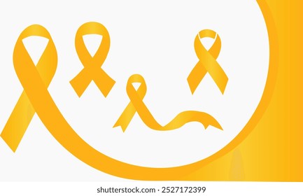 Yellow ribbon. vector illustration. Card or placard featuring a realistic 3D gold-yellow ribbon on a white background. A symbol of childhood cancer awareness. Commemorates World Childhood Cancer Day.