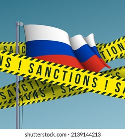 Yellow ribbons of economic, financial sanctions imposed on Russia flag background. Anti Russian international sanctions embargo against Russia invasion of Ukraine crisis banner. Ban of crossed flag