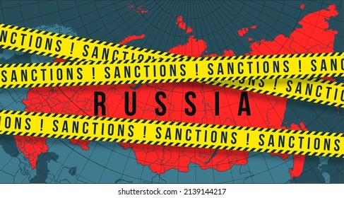 Yellow ribbons economic, financial sanctions imposed on Russia map background. Anti Russian international sanctions embargo against Russia invasion of Ukraine crisis banner. Crossed ban map territory