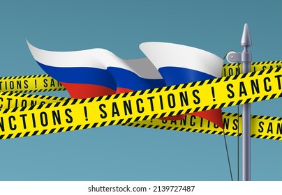 Yellow ribbons of economic, financial sanctions imposed on Russia flag background. Anti Russian international sanctions embargo against Russia invasion of Ukraine crisis banner. Ban of crossed flag