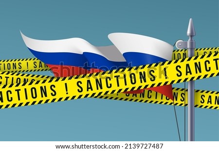 Yellow ribbons of economic, financial sanctions imposed on Russia flag background. Anti Russian international sanctions embargo against Russia invasion of Ukraine crisis banner. Ban of crossed flag
