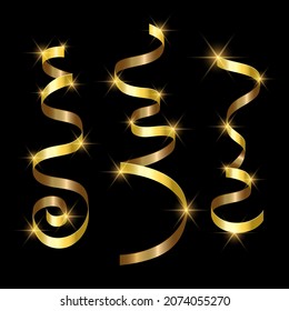 Yellow ribbons isolated on black background. Vector illustration.