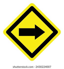 Gelber Pfeil nach rechts Straßenverkehrswarnung Warnzeichen Richtung Symbol. Ausruf, Gefahrensymbol Logo Design für Web Mobile isolierte weiße Hintergrundabbildung