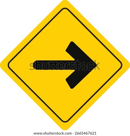 Yellow right curve traffic warning sign with bold black arrow. Road safety indicator for upcoming bend ahead. Highway caution symbol for safe driving navigation and direction.
