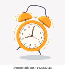 Yellow ringing alarm clock icon isolated on white background. Wake up time. Desk clock vector illustration in flat style. Element for your design.