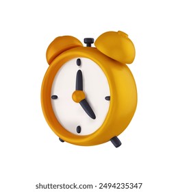 Yellow ringing alarm clock in realistic 3d style. Cartoon vector illustration.