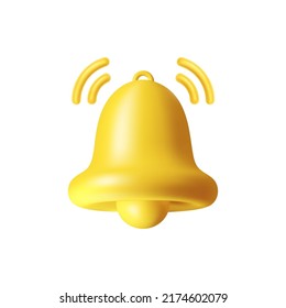 Yellow ringing bell realistic 3D reminder or notification sign. New chat, message in mailbox or subscription notice sign, information or email notification symbol