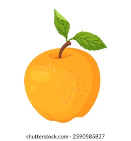 Yellow ripe apple with leaf, fresh garden fruit. Hand drawn food clipart. Whole fruit with green leaf, Flat style isolated on transparent background. Vector illustration
