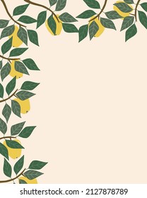 Yellow ripe apples on a branch with green leaves on a light background, frame. Design template with fruits, hand drawn vector illustration. Copy space.