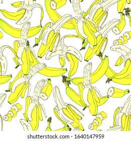 Yellow ripe bananas seamless pattern. Exotic fruit background. Isolated Banana whole, peel and sliced pieces on white background. Perfect for textile, wallpapers, web page backgrounds. Vector
