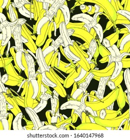 Yellow ripe bananas seamless pattern. Exotic fruit background. Isolated Banana whole, peel and sliced pieces on dark background. Perfect for textile, wallpapers, web page backgrounds. Vector