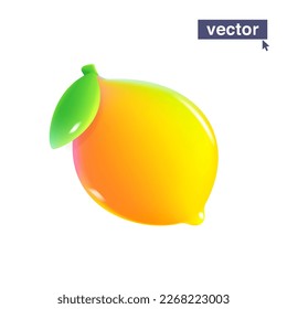 Yellow ripe lemon with green leaf, juicy vector emoji illustration. Pure citrus fruit logo for vegetarians. Realistic 3D render design element in plastic cartoon style. Vivid icon on white background.