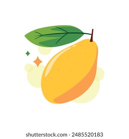 Yellow ripe mango with leaf. National fruit of India. Tasty and healthy food. Vector illustration isolated on white background.