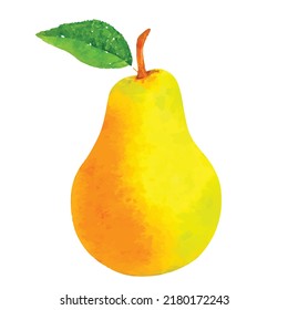 Yellow ripe pear with green leaf, isolated on white background. Watercolor style. Realistic Vector illustration. Clipart