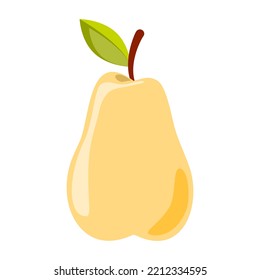 Yellow ripe pear with green leaf isolated on white background. Tasty, healthy organic fruit vector illustration. Clipart for decoration food presentation, scrapbooking, textile.