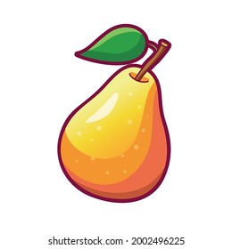 Yellow ripe pear with leaf. Drawn vector icon, illustration isolated on white backgorund. Organic vegetarian food for health.