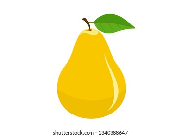 yellow ripe pear with leaf. Isolated vector image of natural organic fruit