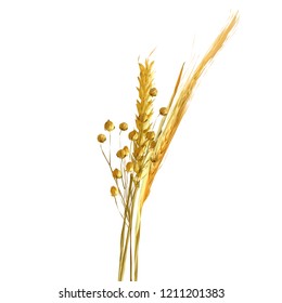 Yellow ripe spikelets and grains composition on white background. Delicious pastry. Elements for label design. Vector illustration. Cereals ingredients in triangulation technique. Cereals low poly. 
