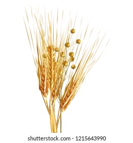 Yellow ripe spikelets and grains composition on white background. Delicious pastry. Elements for label design. Vector illustration. Cereals ingredients in triangulation technique. Cereals low poly. 