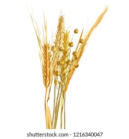 Yellow ripe spikelets and grains composition on white background. Delicious pastry. Elements for label design. Vector illustration. Cereals ingredients in triangulation technique. Cereals low poly.  - Shutterstock ID 1216340047