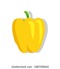 Yellow ripe sweet bell pepper with shiny skin. Bulgarian paprika with small green stem. Ripe healthy vegetable isolated vector illustration