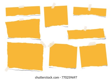 Yellow ripped blank note, notebook paper strips for text or message stuck with sticky tape on white background.