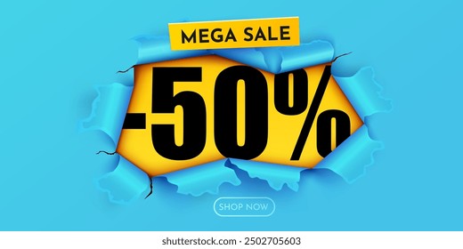 Yellow ripped paper. 50 Percent Off. Mega Sale Banner. Vector illustration.