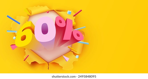 Yellow ripped paper. 60 Percent Off. Mega Sale Banner. Vector illustration.