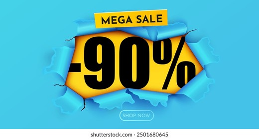 Yellow ripped paper. 90 Percent Off. Mega Sale Banner. Vector illustration.